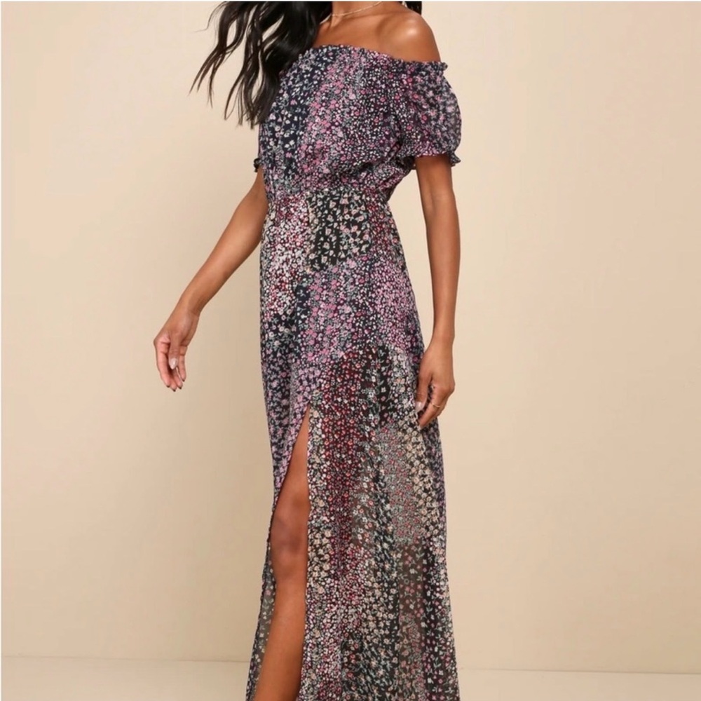 Lulu’s Neva Navy Blue Floral Print Off-the-shoulder Maxi Dress size XL - Picture 2 of 8